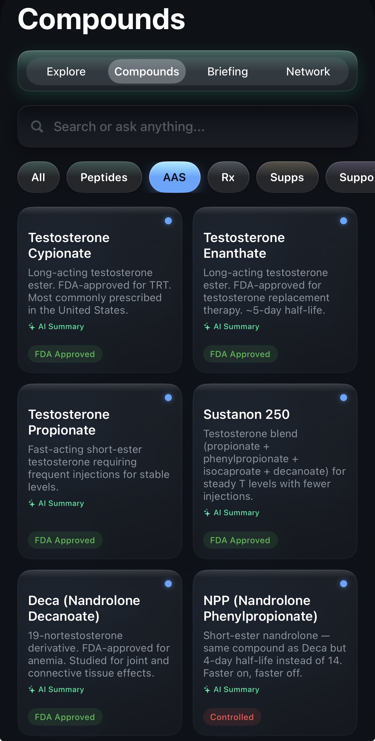 NextDose.AI compound library — AAS tab showing Testosterone, Nandrolone, Trenbolone with blue androgen accent