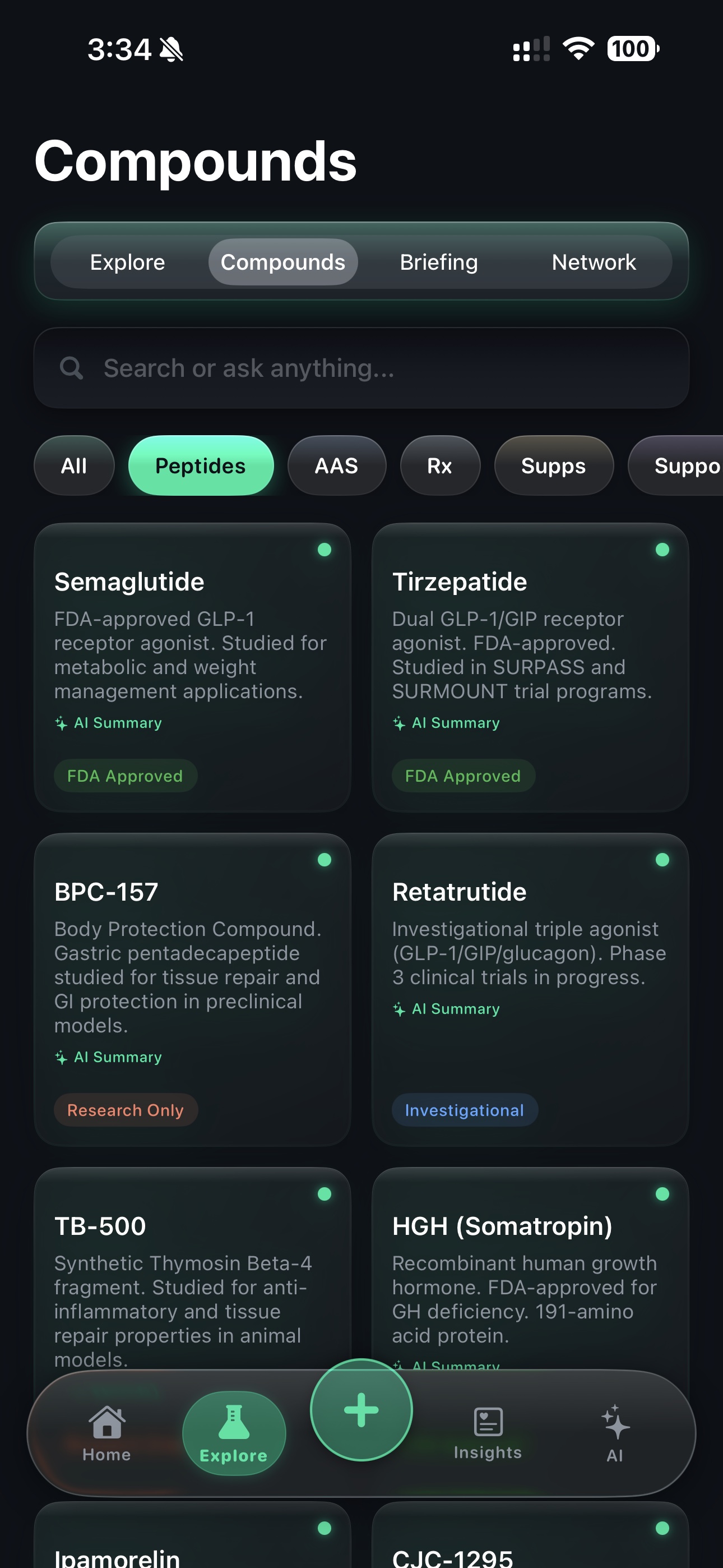 NextDose.AI compound library — Peptides tab showing BPC-157, Semaglutide, Tirzepatide and more with teal category accent